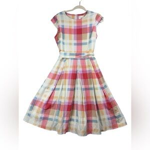 Salt Multicolor Pleated Plaid Short Sleeve Fit Flare Midi Dress Linen Blend S